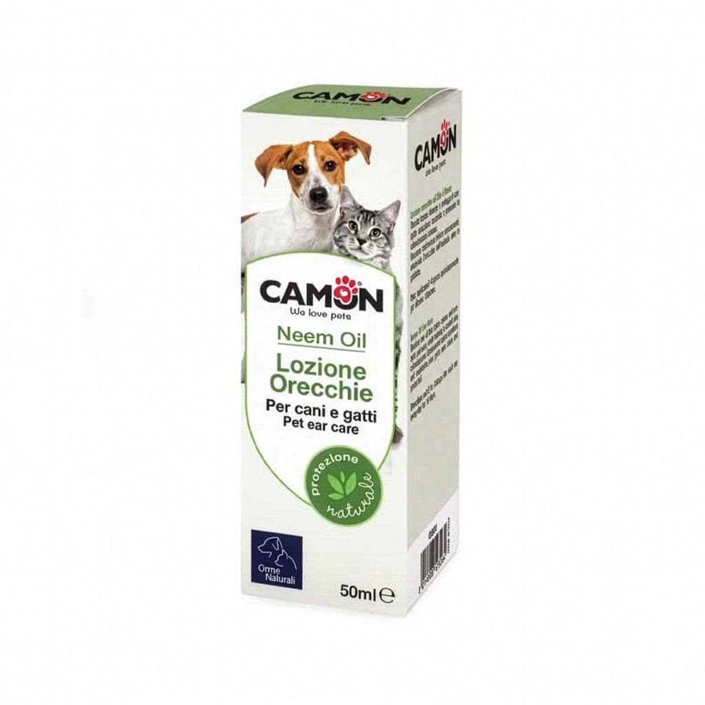 Limpiador Ótico de Aceite Neem Camon en frasco con gotario, cuidado natural para orejas de perros y gatos.