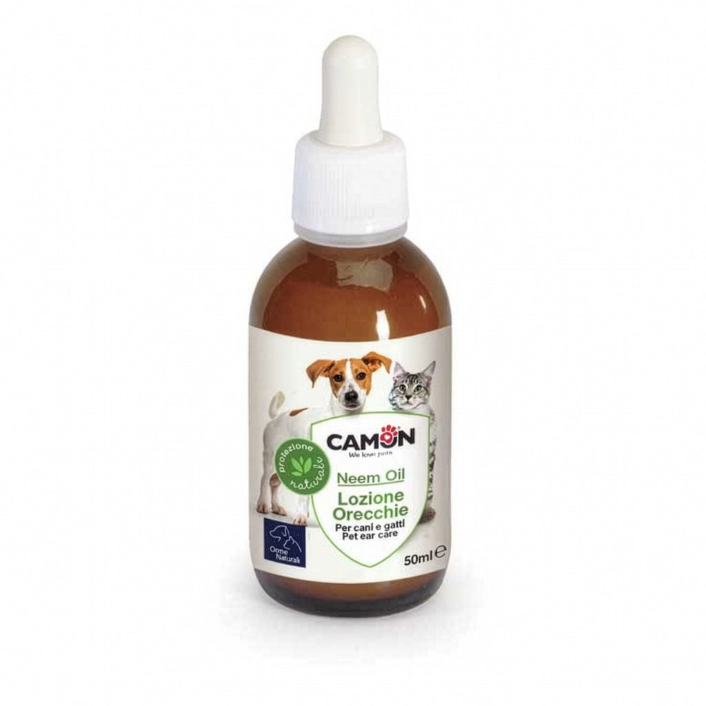 Limpiador Ótico de Aceite Neem Camon en frasco con gotario, cuidado natural para orejas de perros y gatos.