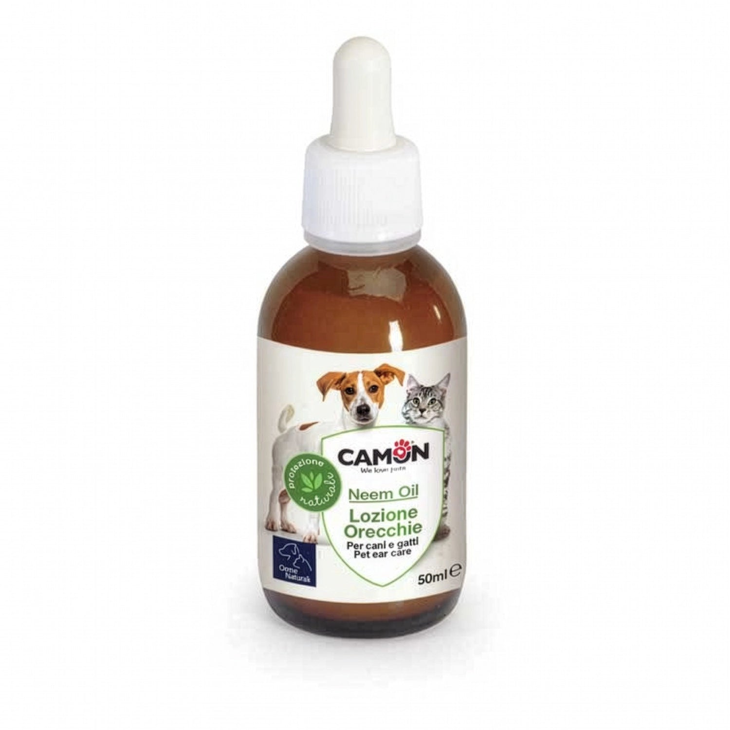 Limpiador Ótico de Aceite Neem Camon en frasco con gotario, cuidado natural para orejas de perros y gatos.