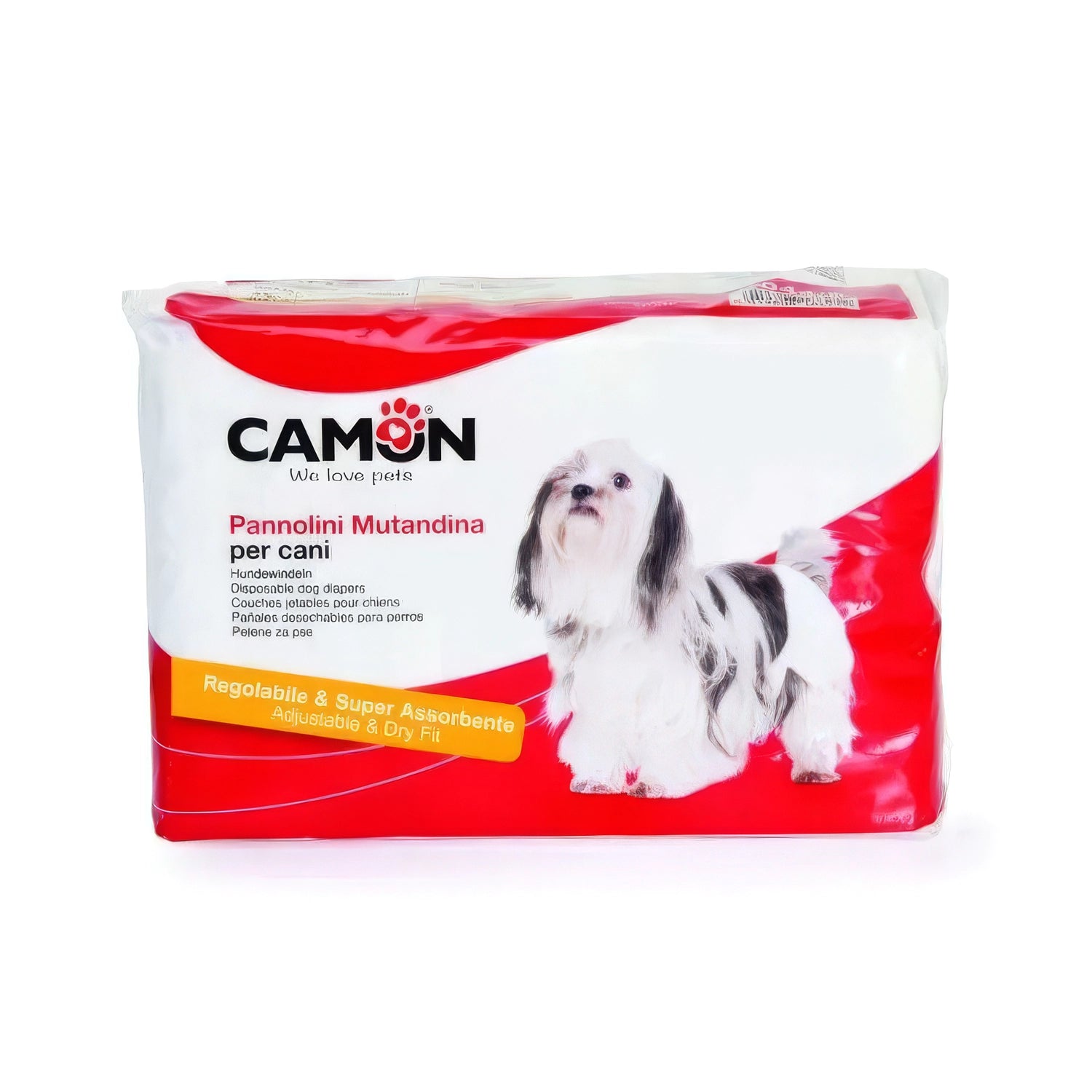 Pañales Desechables Camon para Perros en su envase original con diseño rojo y blanco, ajustables, superabsorbentes y de ajuste seguro.
