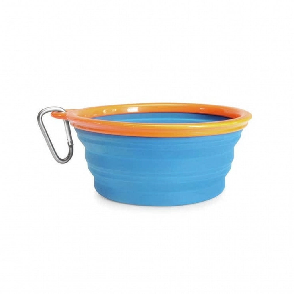 Plato Plegable de Silicona Camon azul con borde naranja y mosquetón metálico, ideal para agua o comida durante paseos y viajes.
