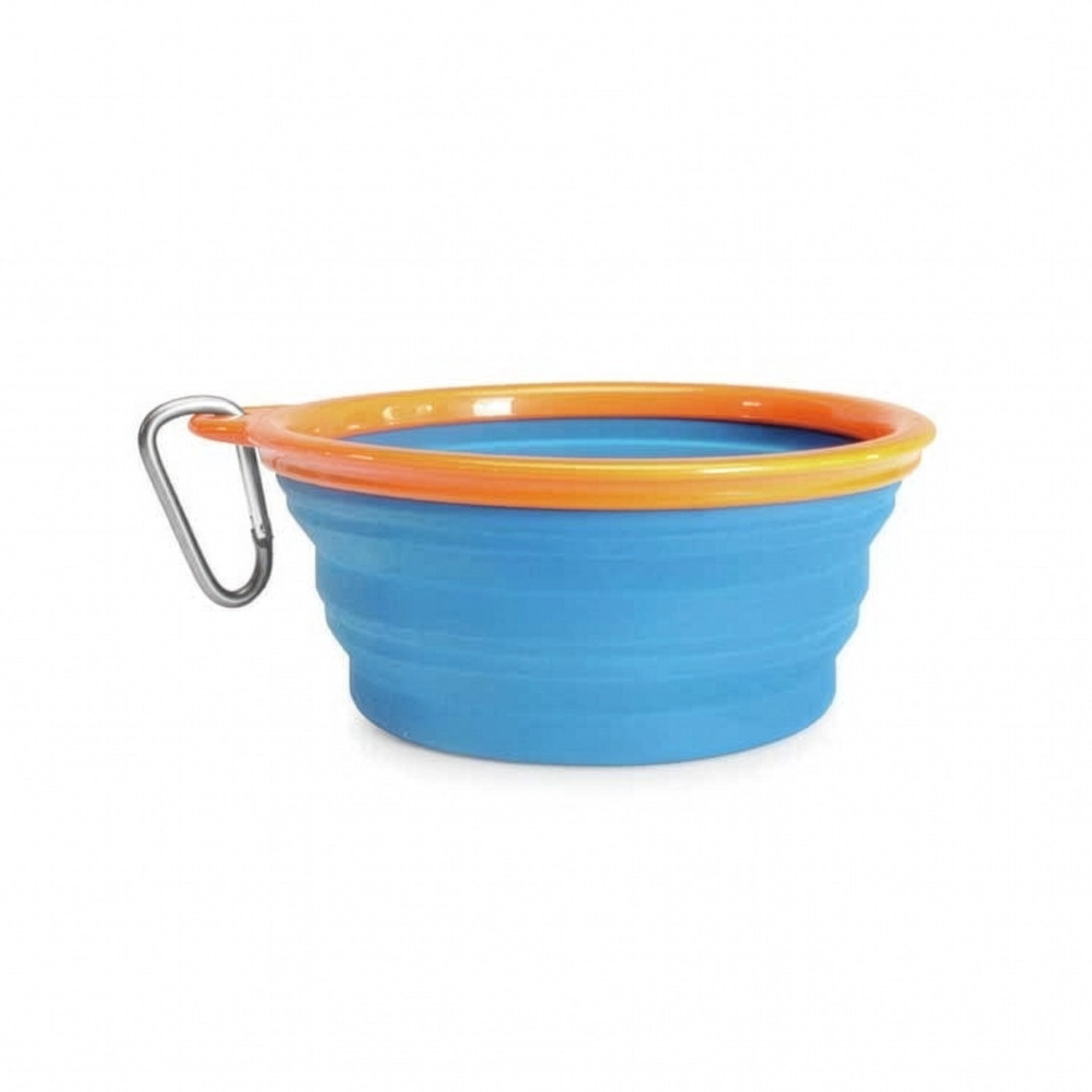 Plato Plegable de Silicona Camon azul con borde naranja y mosquetón metálico, ideal para agua o comida durante paseos y viajes.