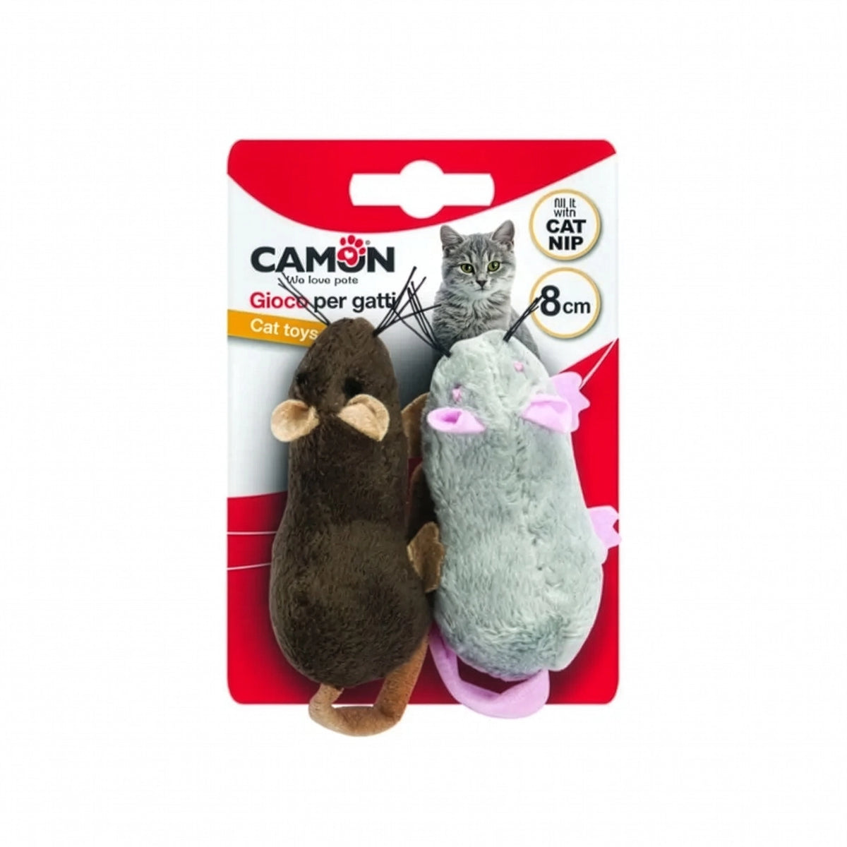 Juguete Ratones con Bolsillo para Catnip para Gatos 2 Ratones, set Camon con dos ratones de peluche marrón y gris.