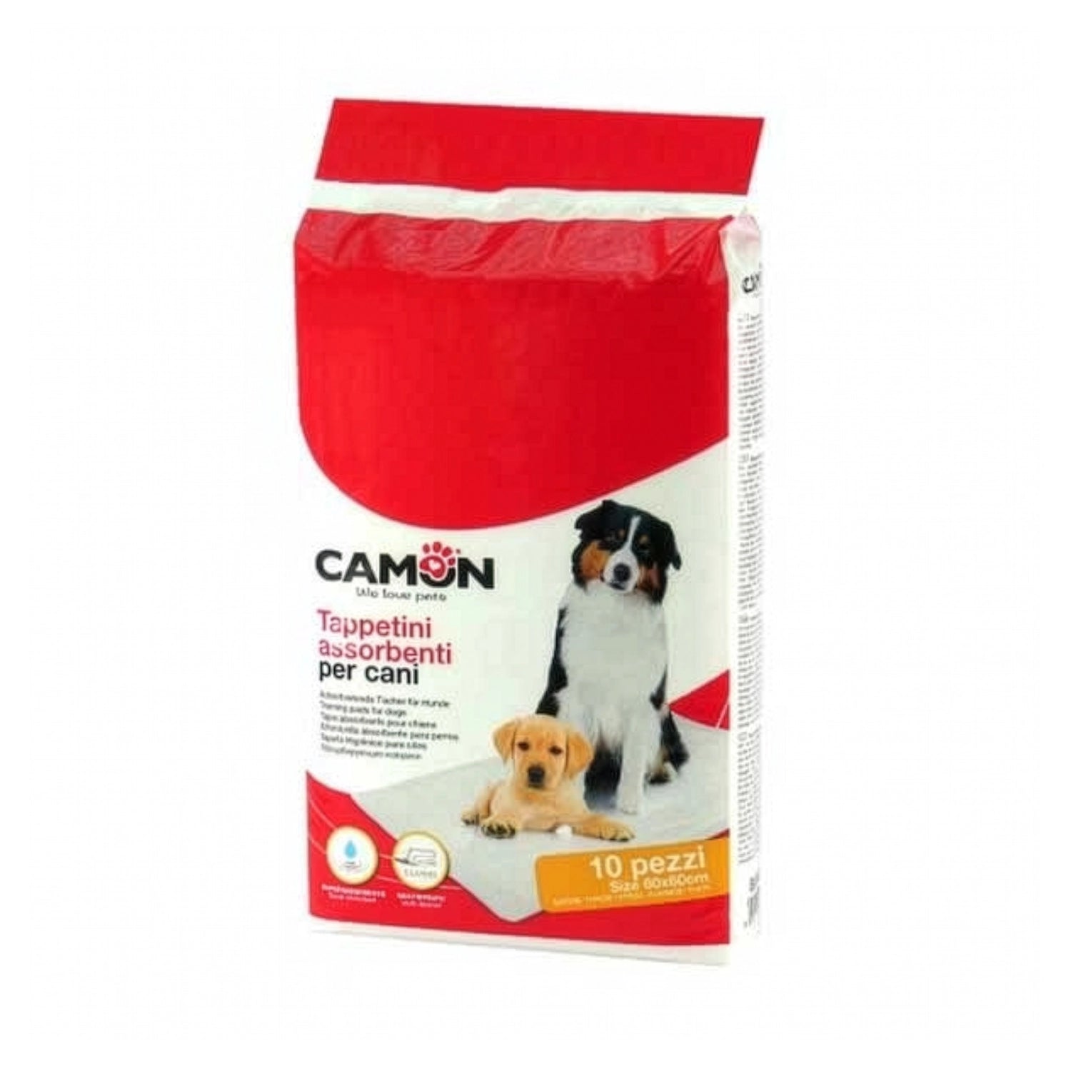 Sabanilla Camon para Perros x 10 Sabanillas en empaque rojo y blanco con imagen de dos perros, ideal para higiene y entrenamiento.