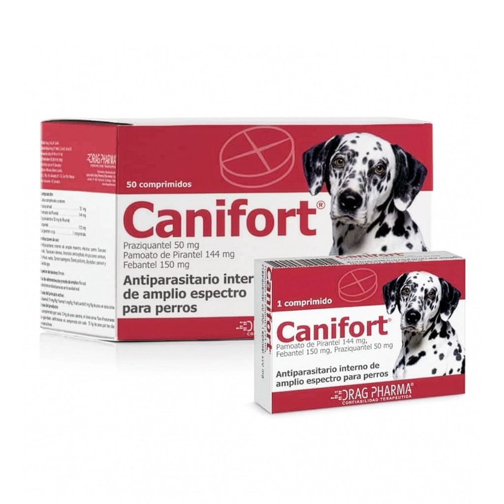 Caja Canifort Comprimido oral para perros con antiparasitario interno de amplio espectro y comprimido blister.