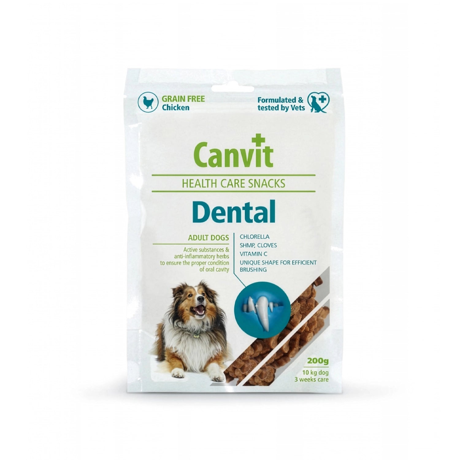 Snack Dental Canvit para perros adultos en bolsa con imagen de un perro, premios funcionales y fórmula para apoyar la salud bucal.