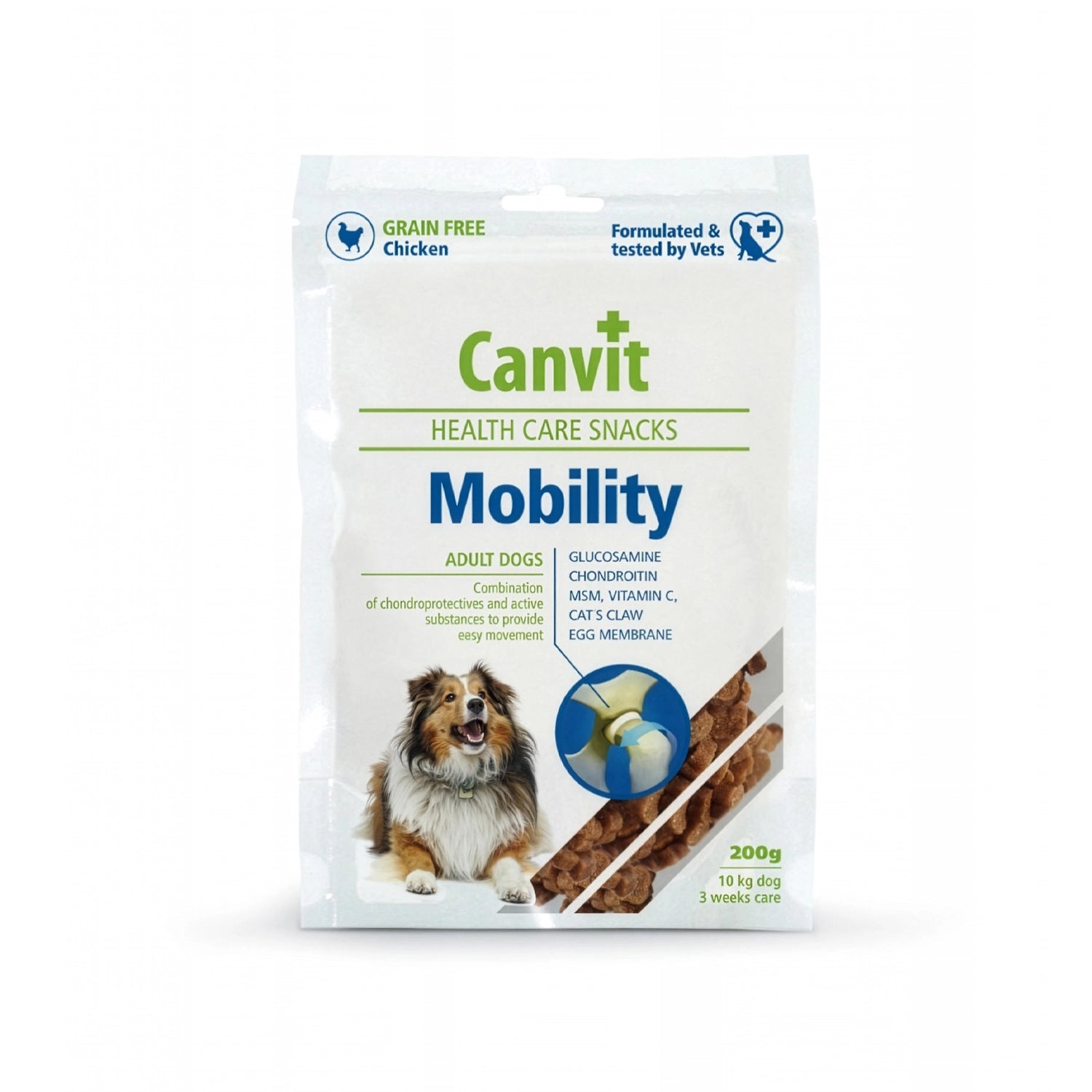Snack Mobility Canvit para perros adultos en bolsa con imagen de un perro, premios funcionales y fórmula para el cuidado articular.
