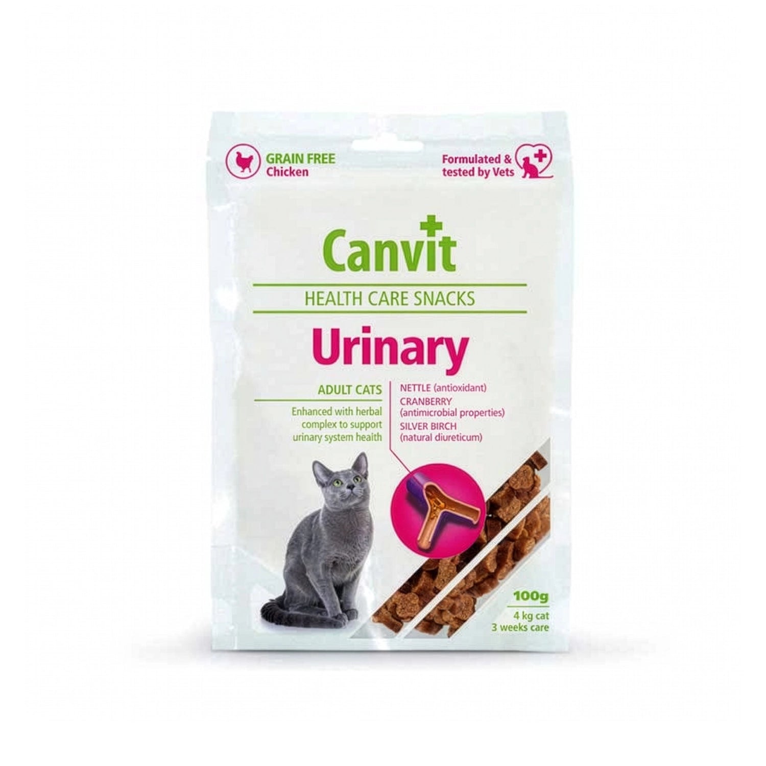 Canvit Snack Salud Urinaria para Gatos en bolsa con snack funcional para gatos adultos, ilustración de un gato gris y fórmula para el sistema urinario.