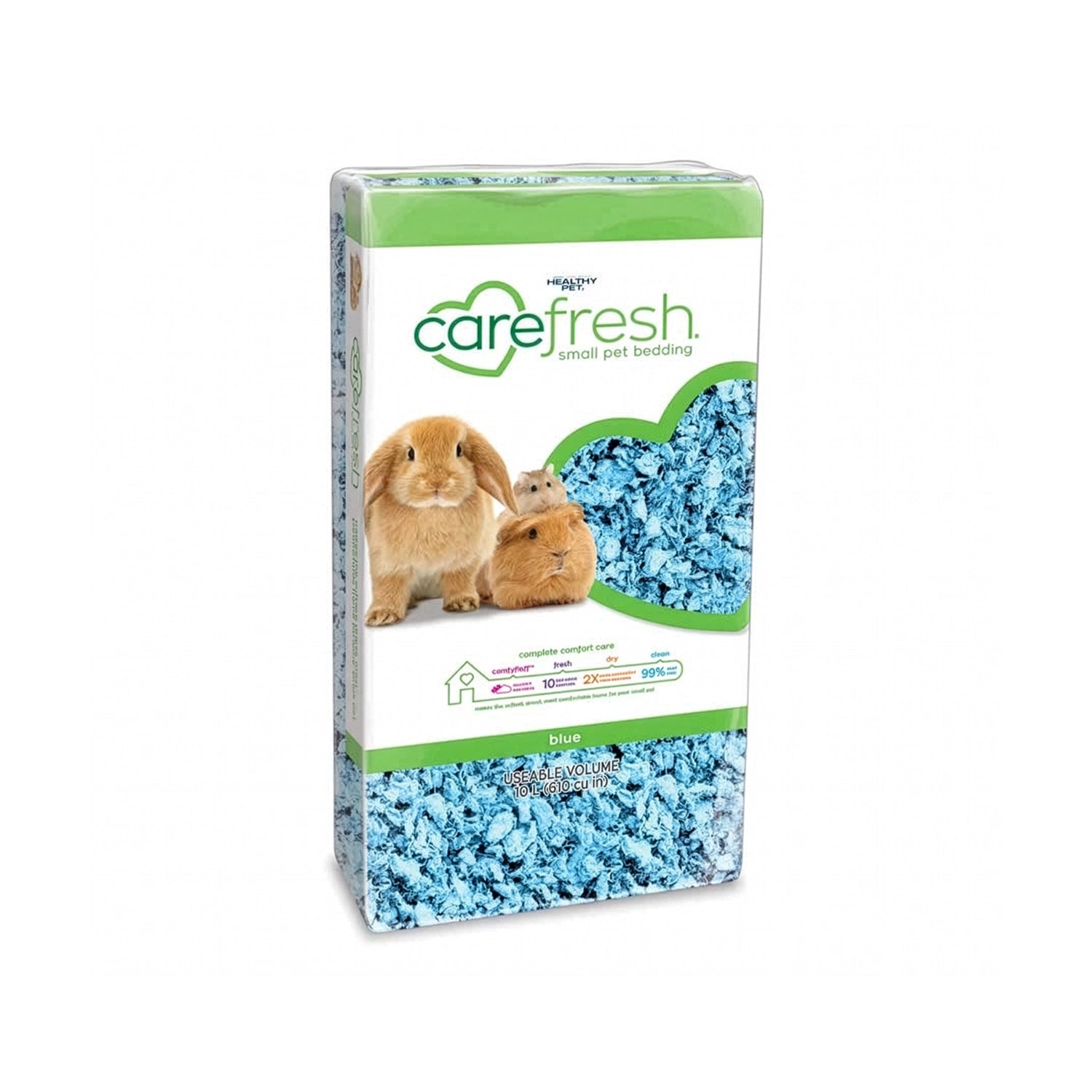 Sustrato para Cama "carefresh" Celeste Carefresh, cama azul en envase de 10 L con conejo, cobaya y hámster en la etiqueta.