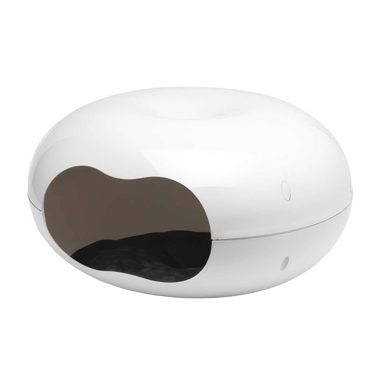 Casa Donut con Almohada Moderna color blanco, refugio cerrado para gatos con entrada amplia y diseño redondeado.