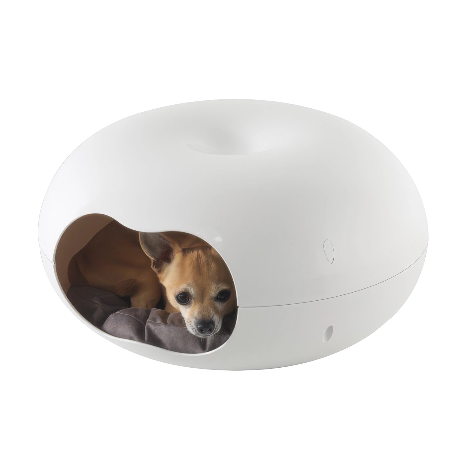 Casa Donut con Almohada Moderna color blanco, refugio cerrado para gatos con entrada amplia y diseño redondeado.