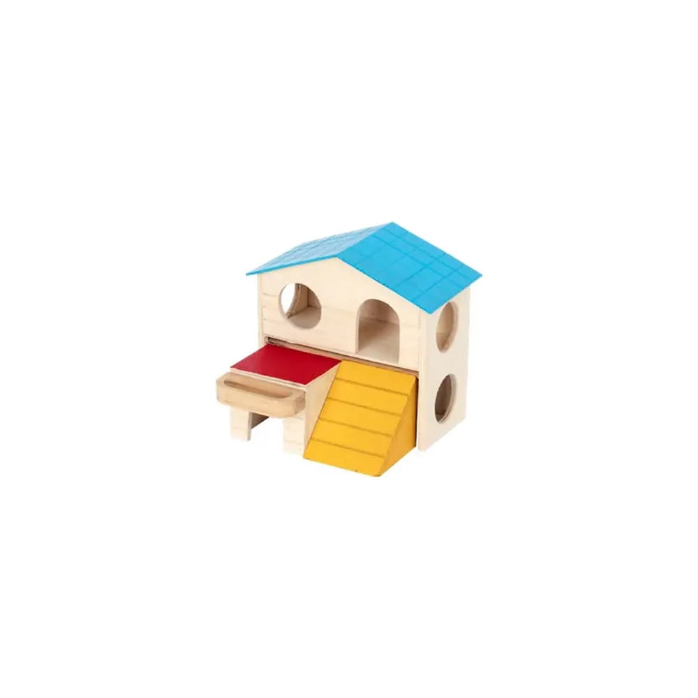 Pawise Casa de Juego Madera para Hámsters, casita de madera con techo azul, rampa amarilla y plataforma roja para roedores