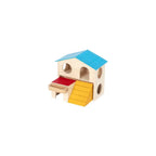 Pawise Casa de Juego Madera para Hámsters, casita de madera con techo azul, rampa amarilla y plataforma roja para roedores