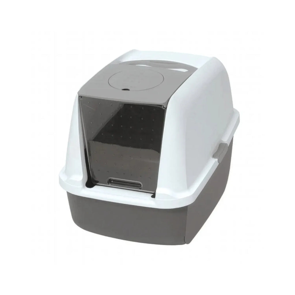 Baño Sanitario con Filtro de Carbón para Gatos gris y blanco con sistema cerrado para mayor control de olores