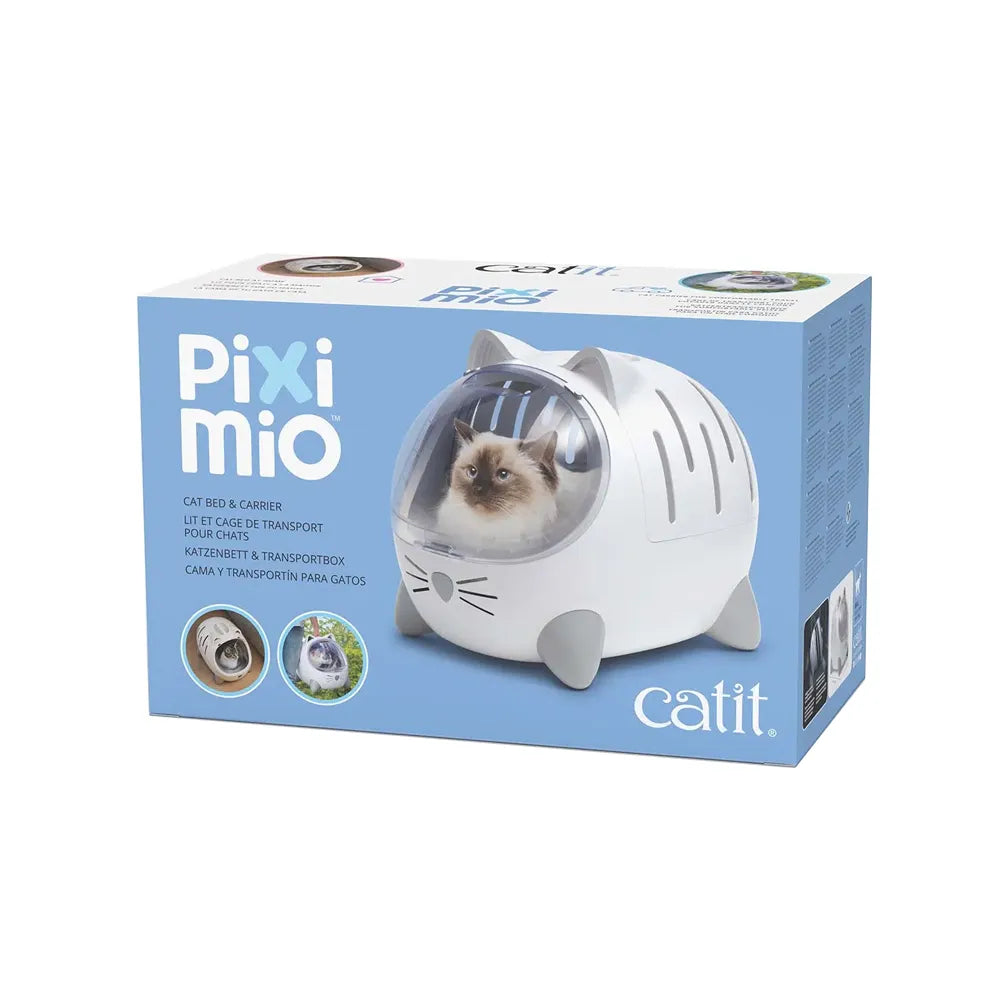 Catit Pixi Mio Transportador y Cama para Gatos estructura blanca con forma de gato, puerta transparente y ventilación lateral