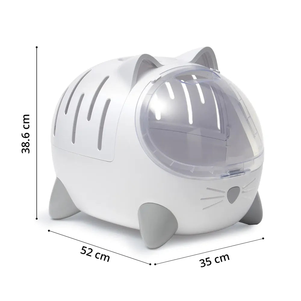Catit Pixi Mio Transportador y Cama para Gatos estructura blanca con forma de gato, puerta transparente y ventilación lateral