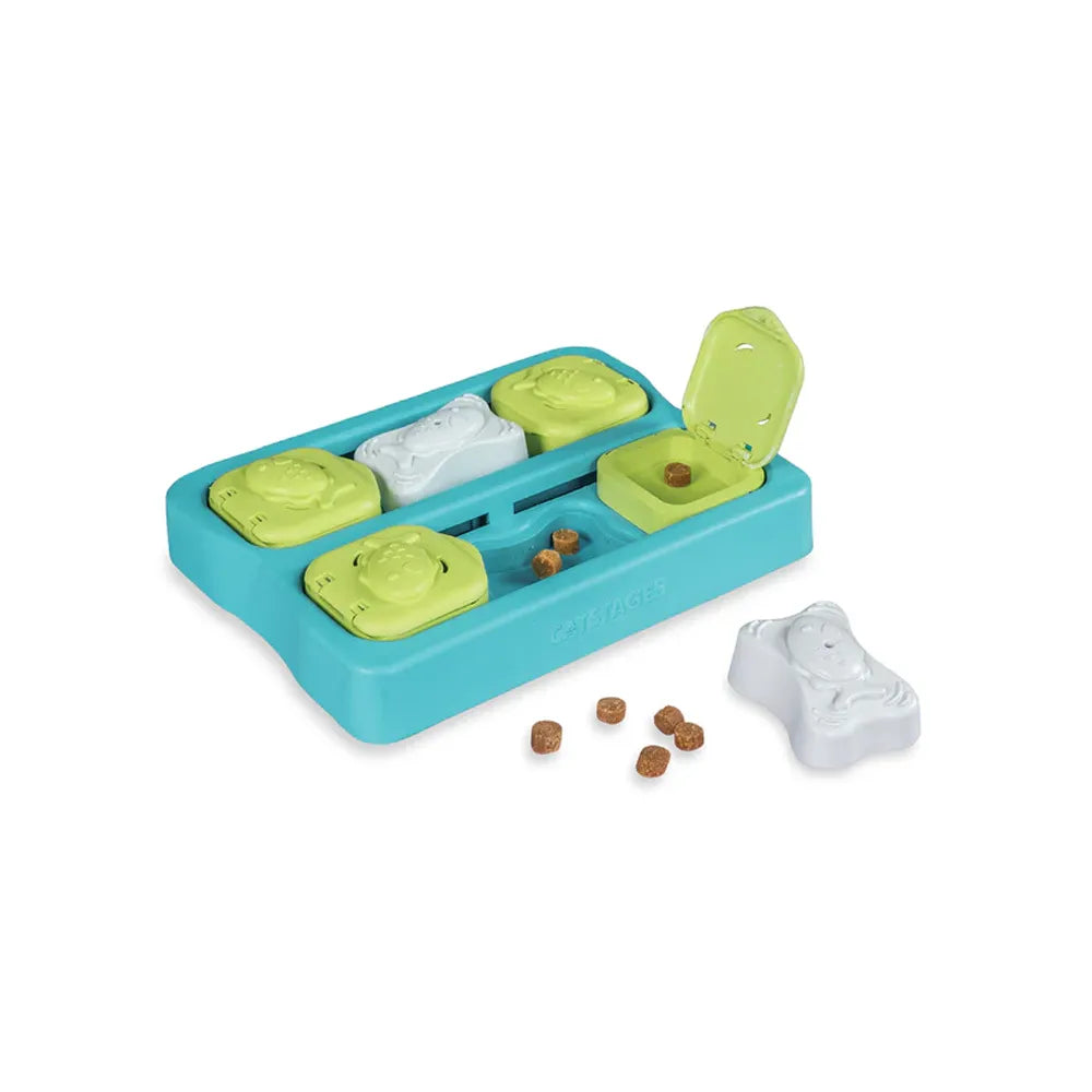 Catstages Puzzle Kitty Cube para Gatos con base azul y tapas verdes abatibles, incluye compartimentos ocultos para premios
