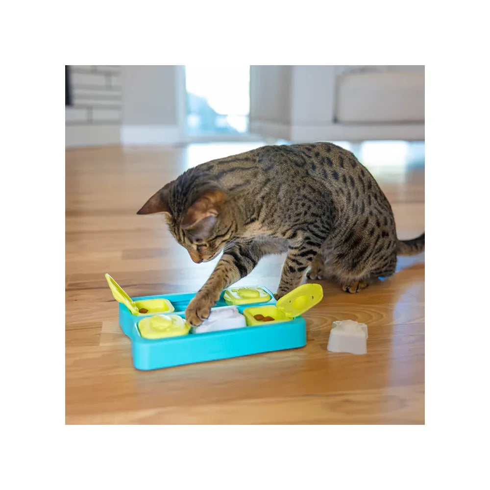Catstages Puzzle Kitty Cube para Gatos con base azul y tapas verdes abatibles, incluye compartimentos ocultos para premios