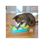 Catstages Puzzle Kitty Cube para Gatos con base azul y tapas verdes abatibles, incluye compartimentos ocultos para premios
