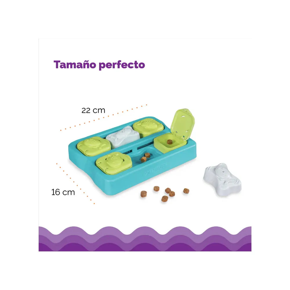 Catstages Puzzle Kitty Cube para Gatos con base azul y tapas verdes abatibles, incluye compartimentos ocultos para premios