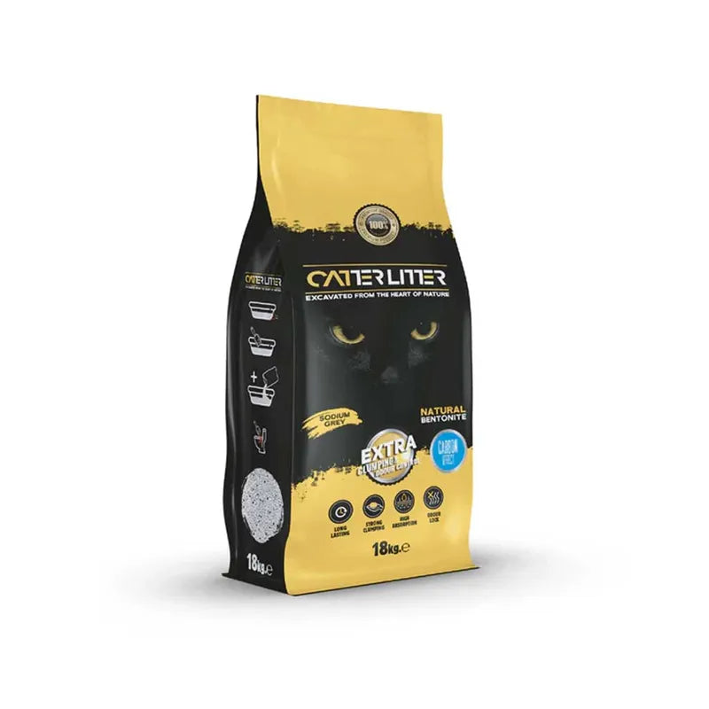 Catter Litter Arena Sanitaria con Carbón Activado para Gatos en bolsa negra y amarilla con diseño de gato y fórmula de bentonita