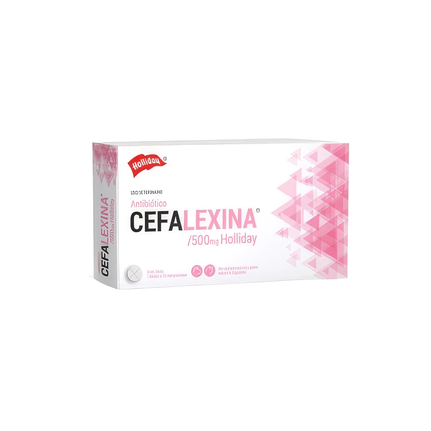 Cefalexina 500 mg en caja blanca y rosada, medicamento veterinario antibiótico oral para mascotas