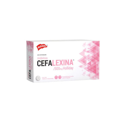 Cefalexina 500 mg en caja blanca y rosada, medicamento veterinario antibiótico oral para mascotas