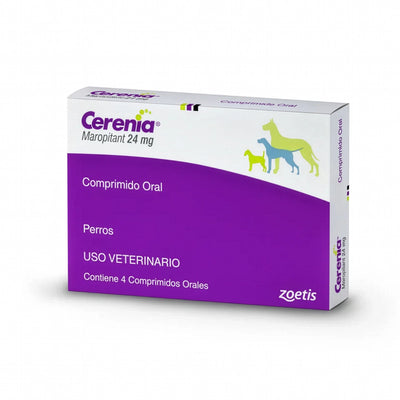 Caja de Cerenia Comprimidos 24 mg para perros, medicamento veterinario oral de Zoetis contra vómitos y mareos.
