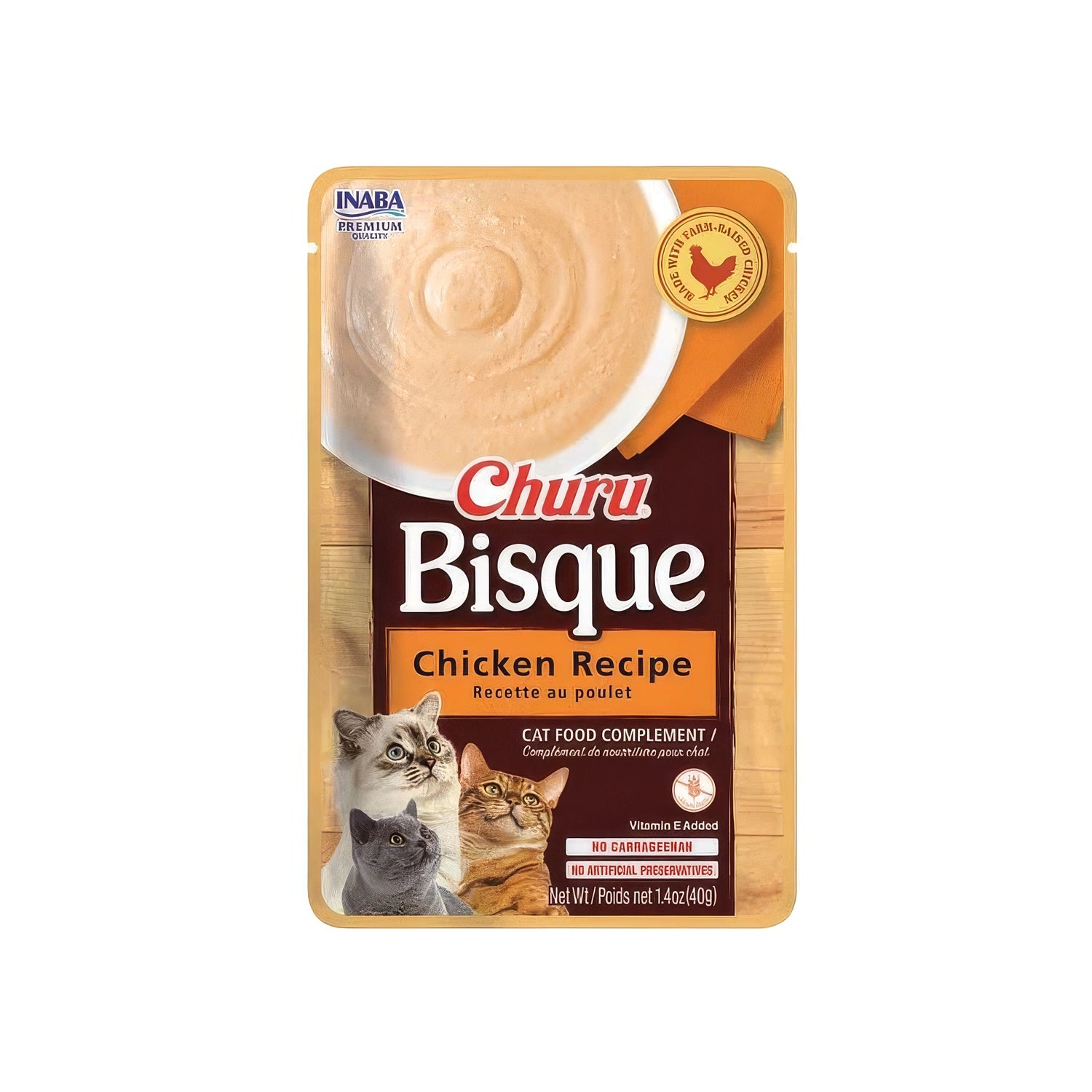 Churu Bisque Crema de Pollo en sobre para gatos, con textura cremosa, imagen de gatos y plato de crema de pollo.