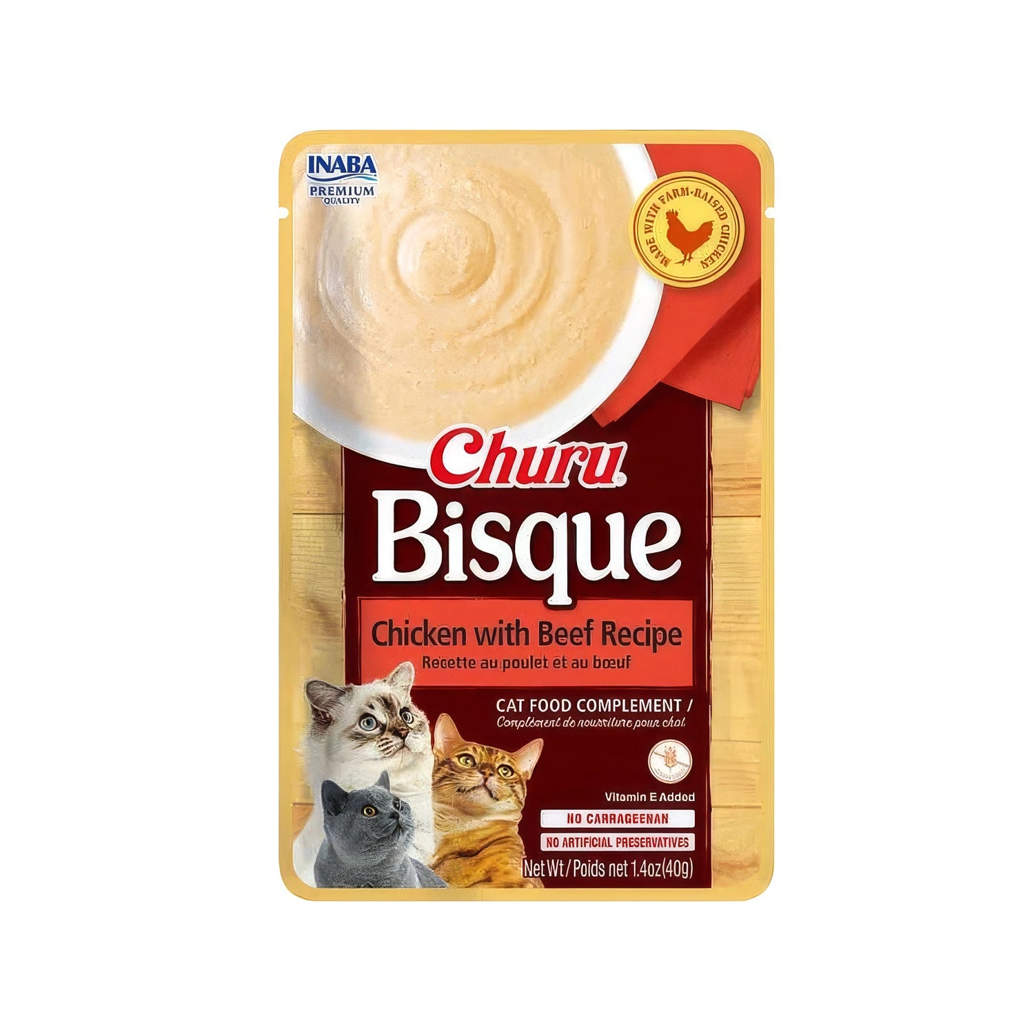 Churu Bisque Crema de Pollo y Vacuno para gatos en pouch individual, textura cremosa, con ilustración de gatos y plato de crema.