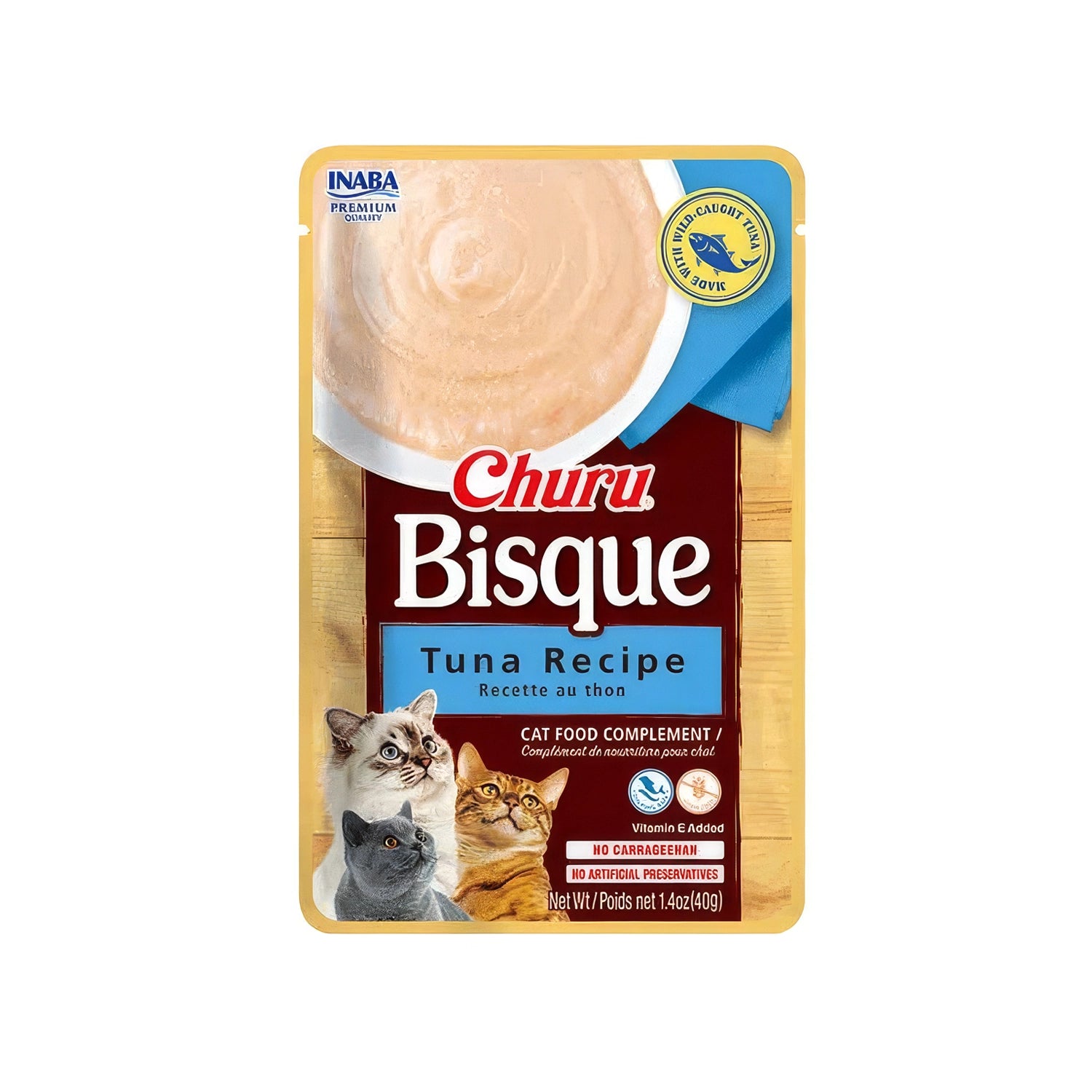 Sobre Churu Bisque Crema de Atún para gatos, alimento complementario con crema suave de atún y diseño con gatos.