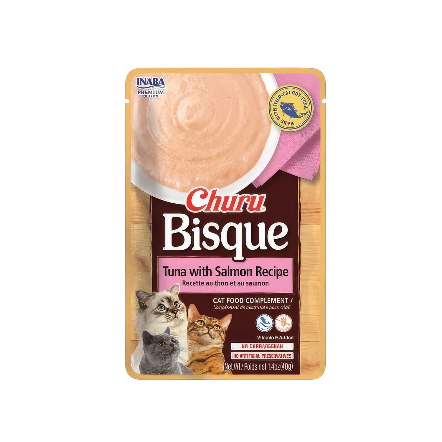 Sobre Churu Bisque Crema de Atún y Salmón para gatos, alimento complementario cremoso con atún, salmón y vitamina E.