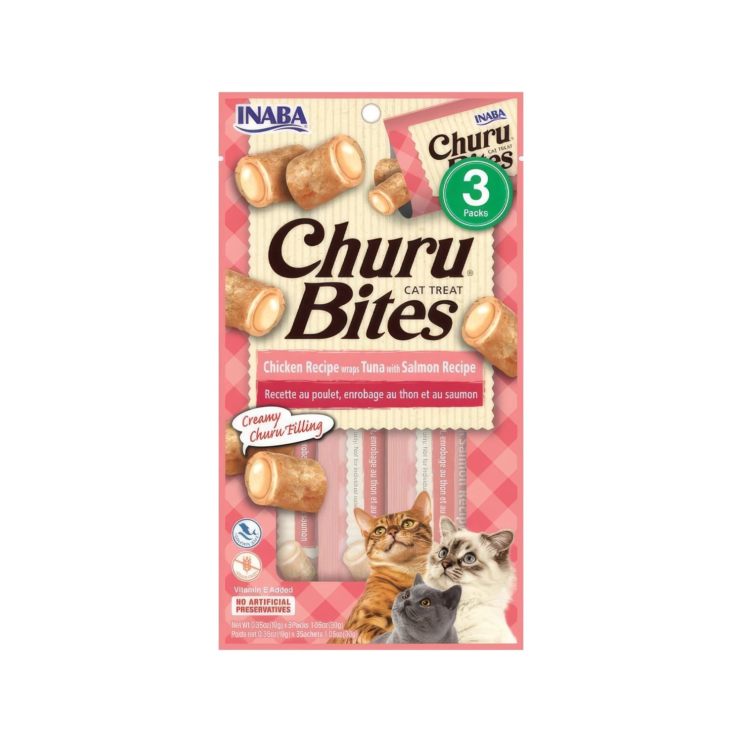 Premios "Churu Bites" Pollo con Salmón para Gatos, bocados rellenos cremosos en empaque rosado con ilustración de gatos.