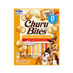 Churu Bites Pollo envuelto en Pollo para Perros, snack con relleno cremoso, presentación de 8 packs e imágenes de perros.