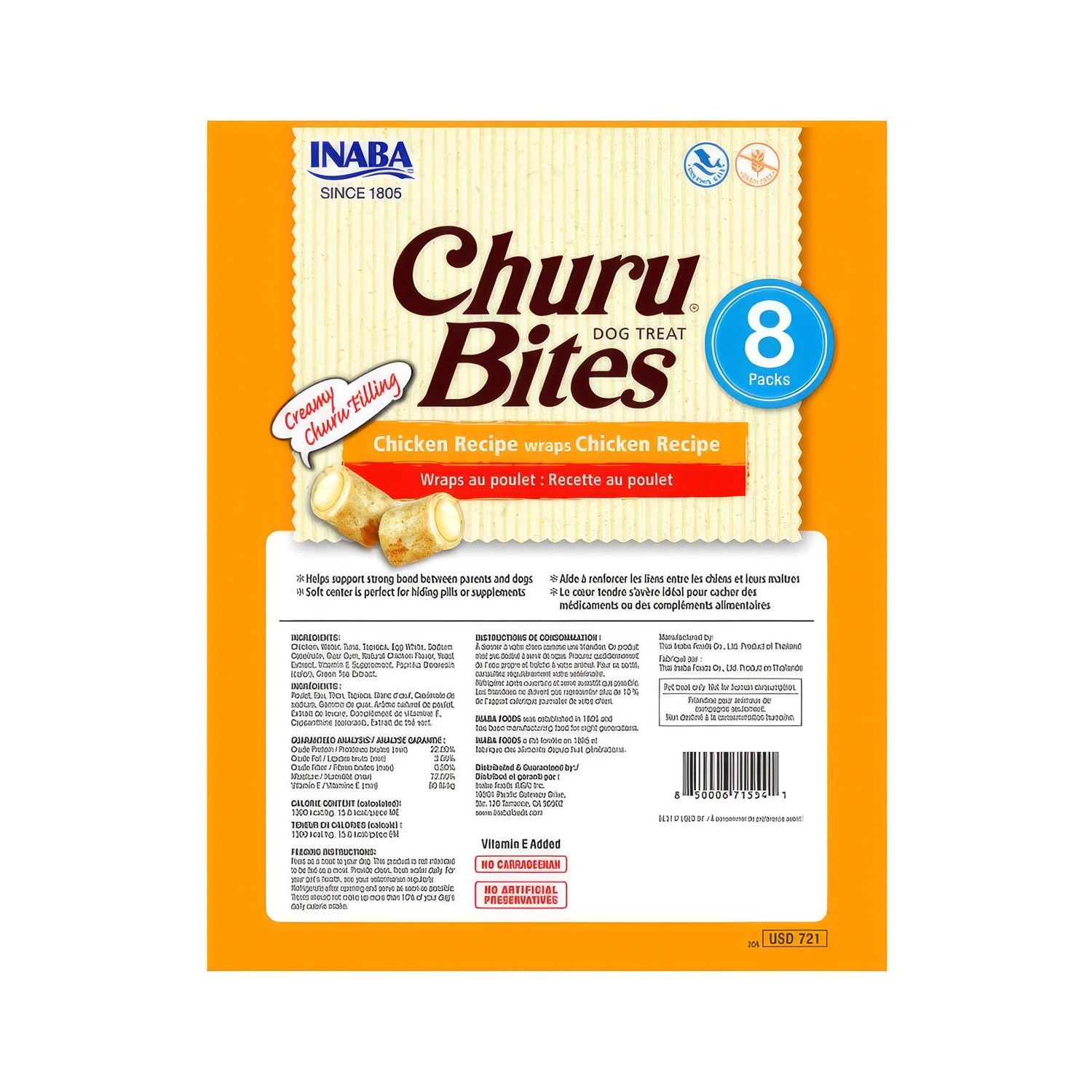 Churu Bites Pollo envuelto en Pollo para Perros, snack con relleno cremoso, presentación de 8 packs e imágenes de perros.
