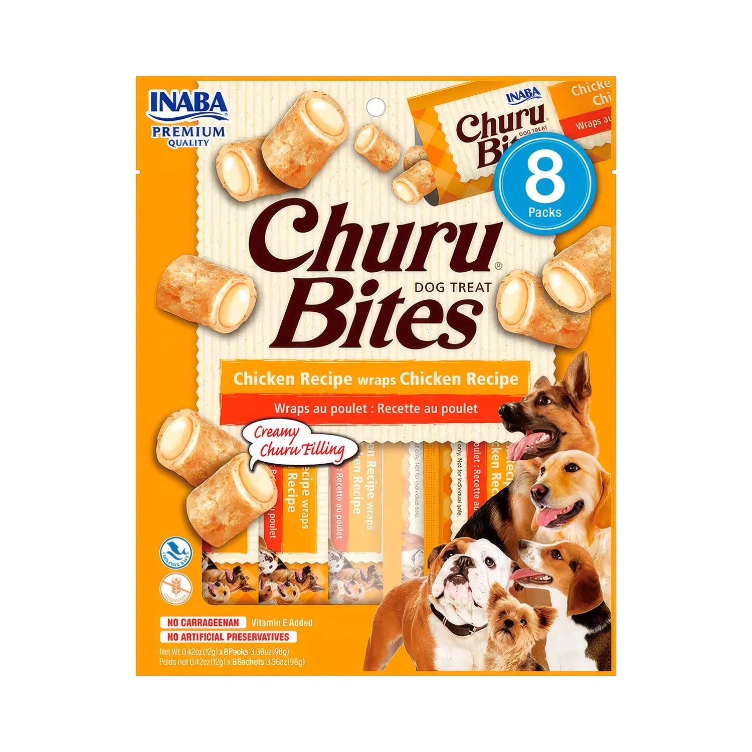 Churu Rolls Snack Pollo para Perros 8 Palitos, bocados rellenos con crema de pollo, empaque con perros y presentación multipack.