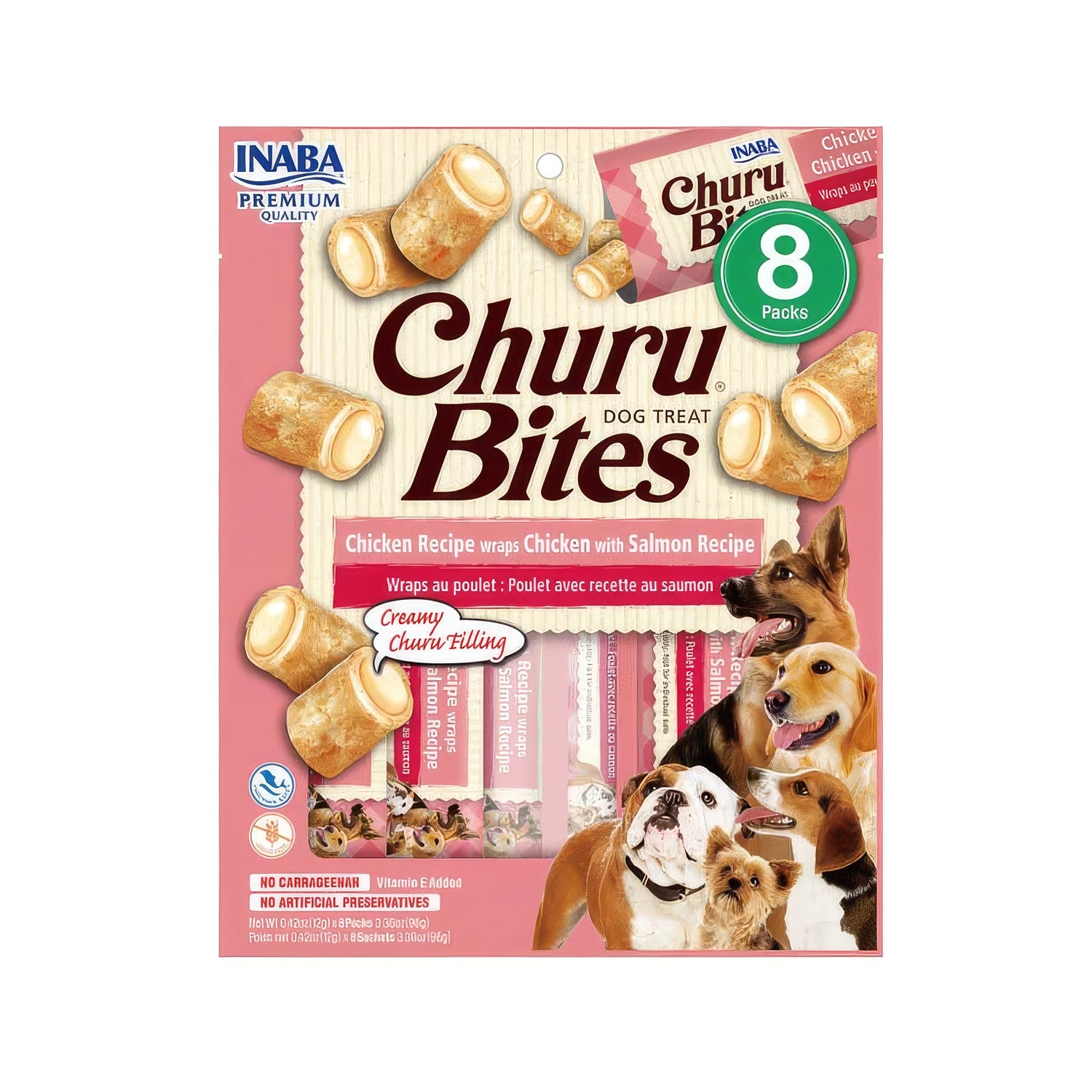 Churu Bites Pollo envuelto en Salmón para Perros en envase de 8 packs, bocaditos crujientes con relleno cremoso.