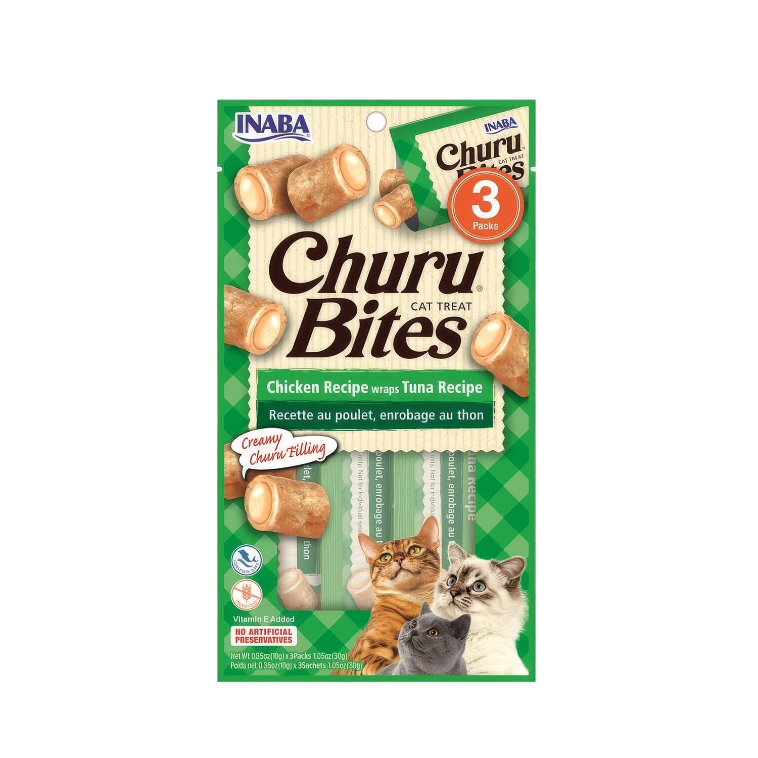 Premios "Churu Bites" Pollo con Atún para Gatos, snacks rellenos de crema con pollo y atún, presentados en paquete triple.