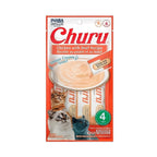 Churu Snack Pollo y Carne para Gatos en paquete con 4 tubos de premio cremoso, ilustración de gatos y receta de pollo con vacuno.