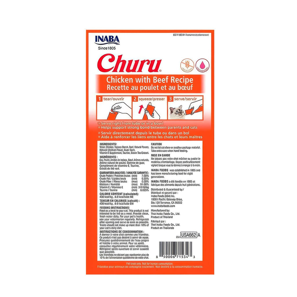 Churu Snack Pollo y Carne para Gatos en paquete con 4 tubos de premio cremoso, ilustración de gatos y receta de pollo con vacuno.