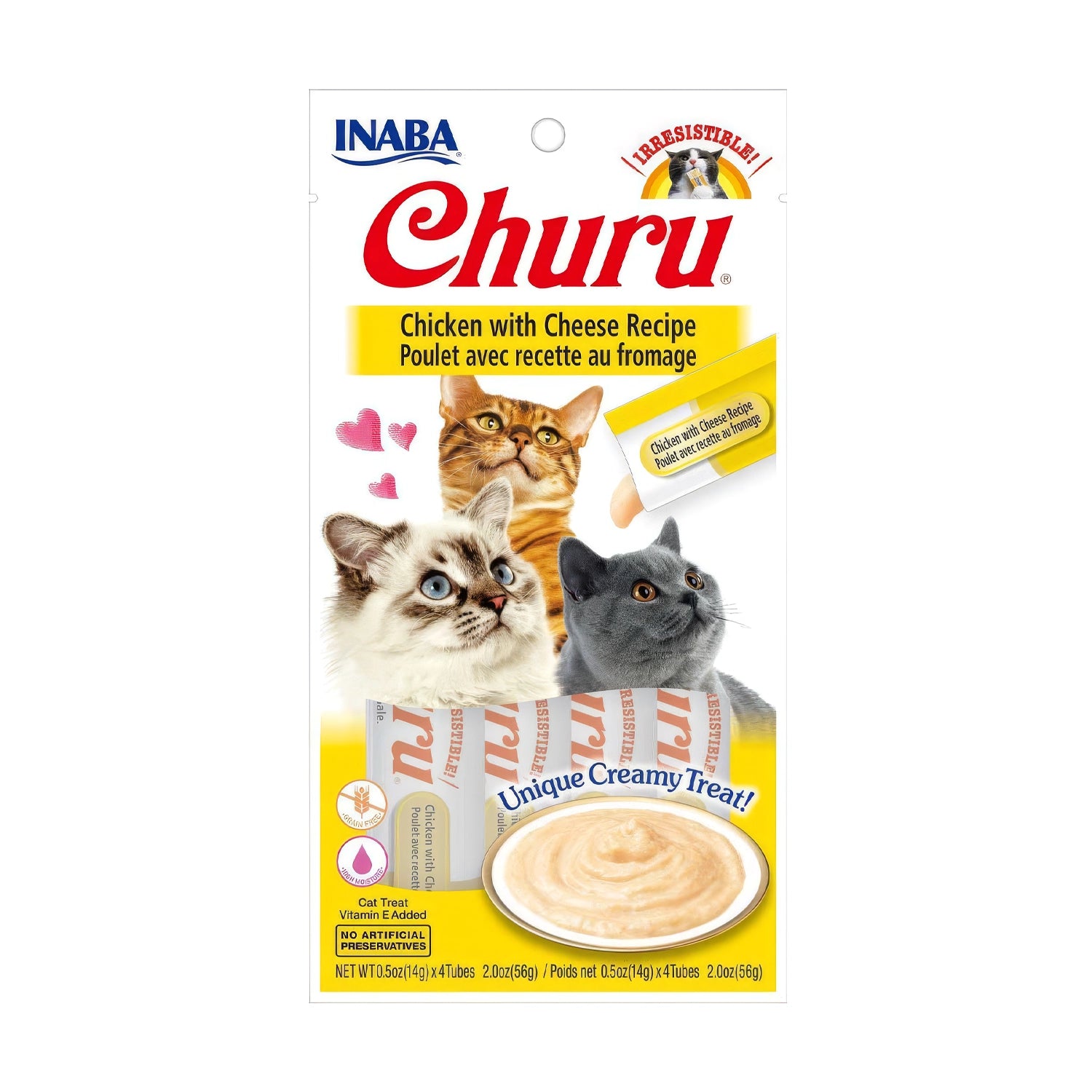 Snack Churu Pollo y Queso para Gatos en pack de 4 tubos, premio cremoso con receta de pollo y queso, acompañado de gatos.