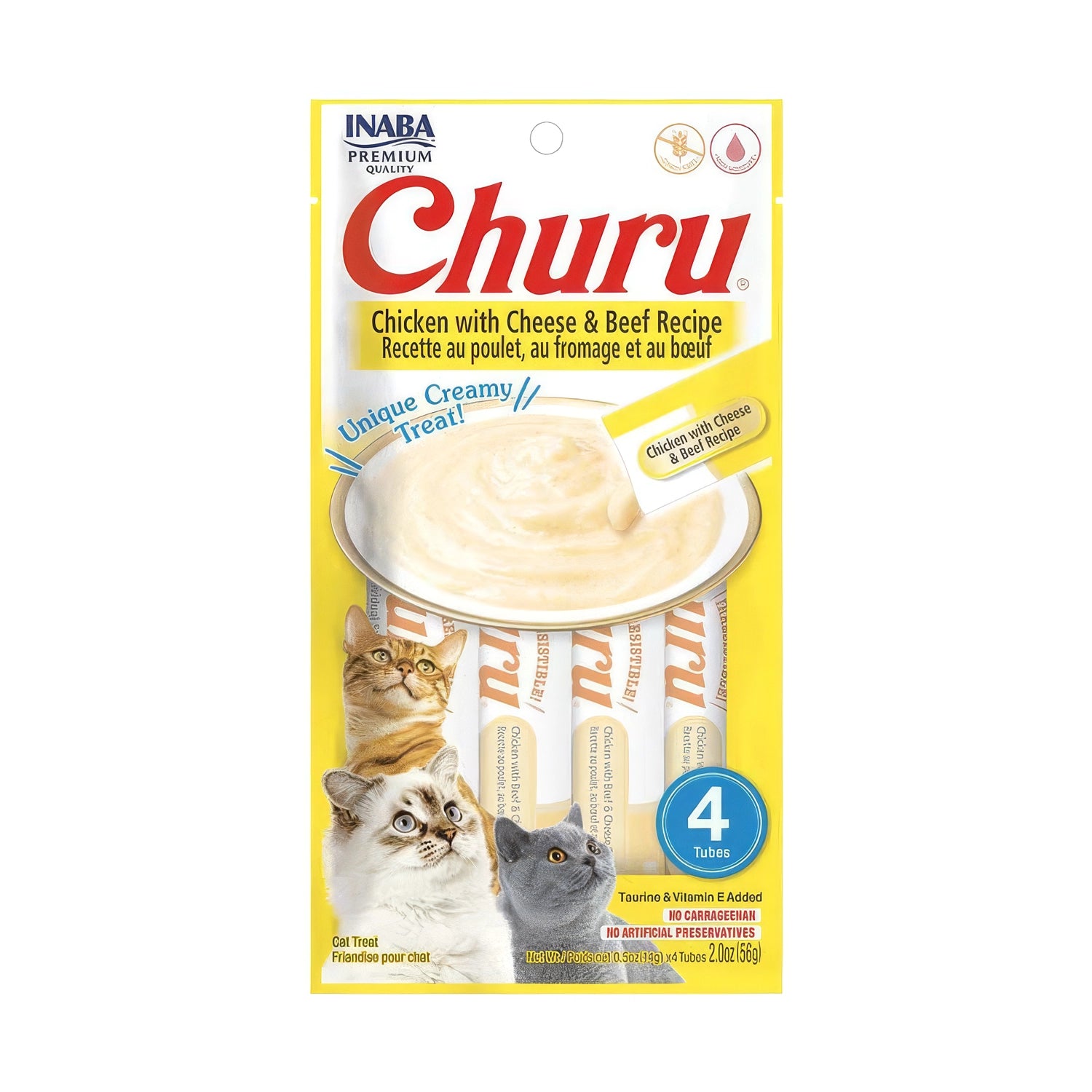 Churu Snack Pollo con Carne y Queso para Gatos en pack de 4 tubos, premio cremoso con receta de pollo, vacuno y queso.