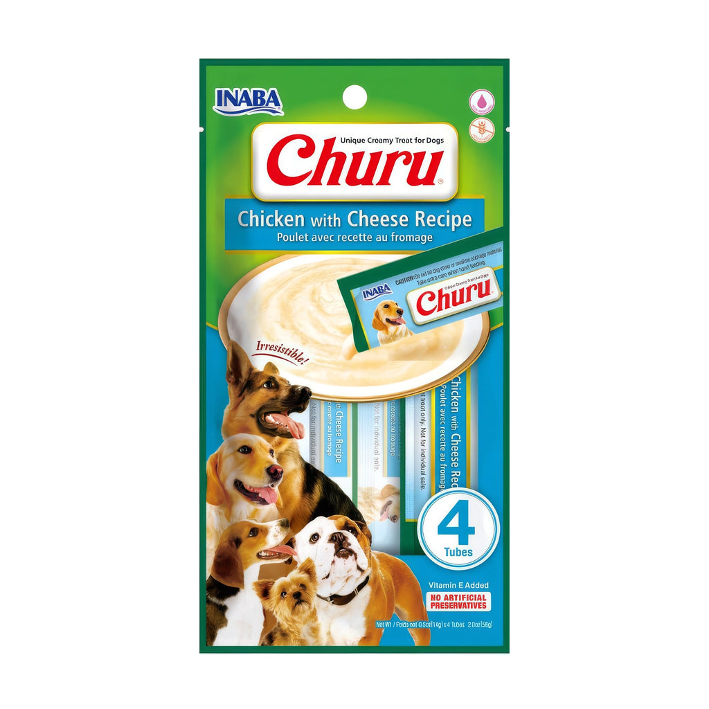 Snack Churu Pollo y Queso para Perros en pack de 4 tubos, premio cremoso de pollo con queso y perros de distintas razas.