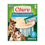 Snack Churu Pollo y Queso para Perros en pack de 8 tubos, premio cremoso de pollo con queso y perros de distintas razas.