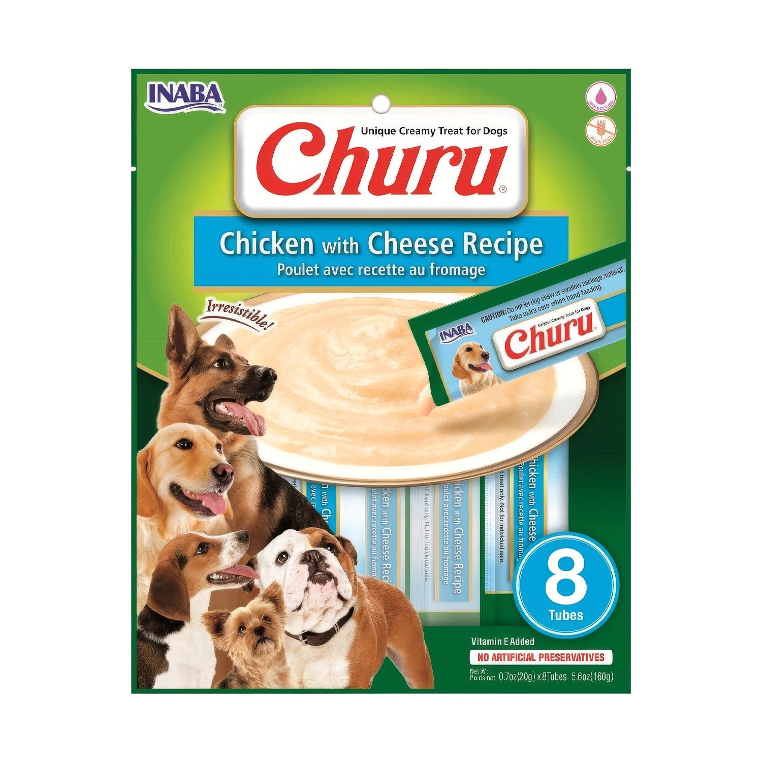 Snack Churu Pollo y Queso para Perros en pack de 8 tubos, premio cremoso de pollo con queso y perros de distintas razas.