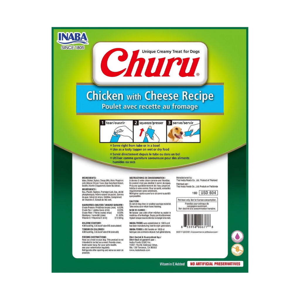 Snack Churu Pollo y Queso para Perros en pack de 8 tubos, premio cremoso de pollo con queso y perros de distintas razas.