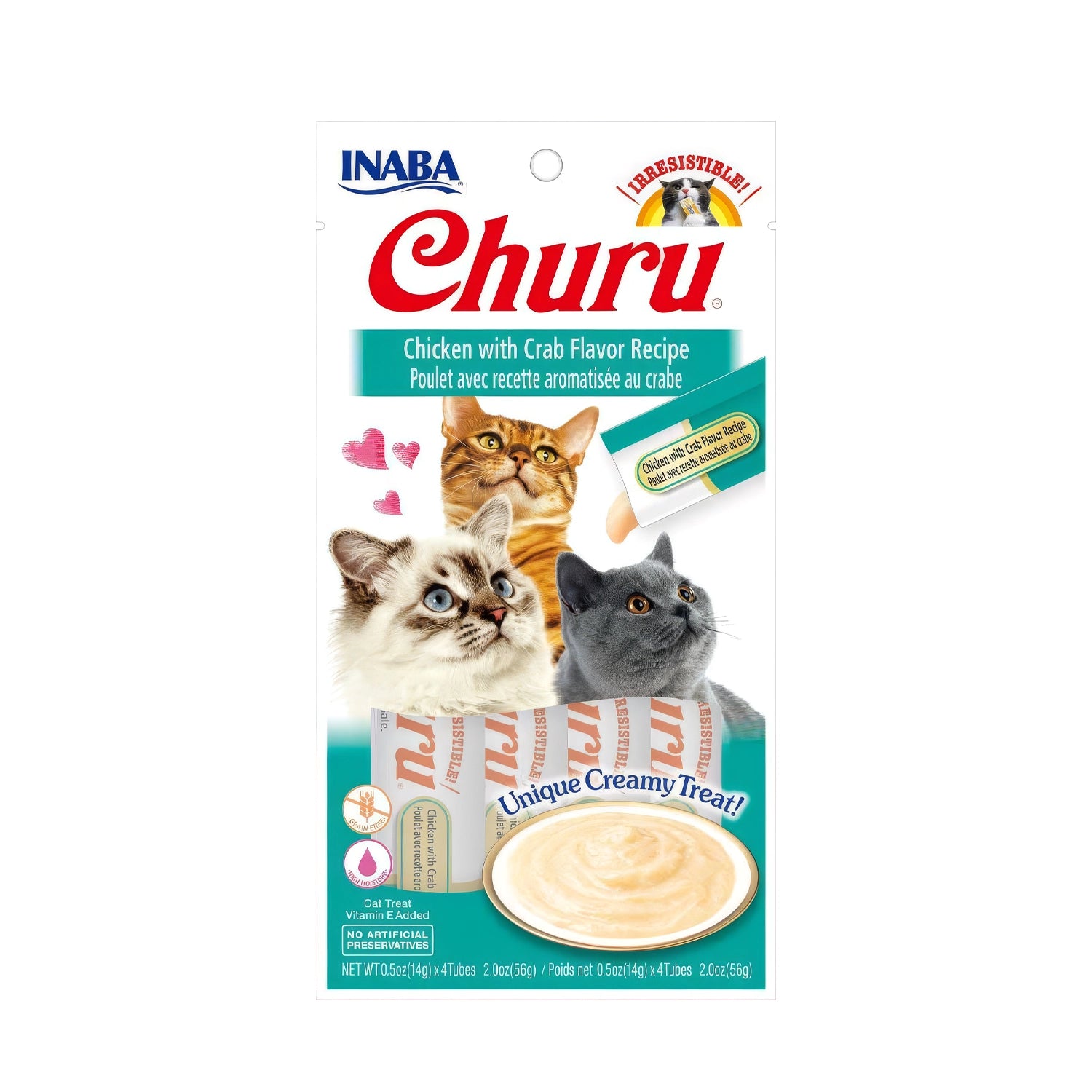 Snack Churu Pollo y Cangrejo para Gatos en presentación de 4 tubos, premio cremoso con receta de pollo y sabor cangrejo.