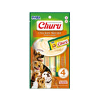 Snack Churu Pollo para Perros en pack de 4 tubos, premio cremoso de pollo con textura suave e imágenes de distintas razas.