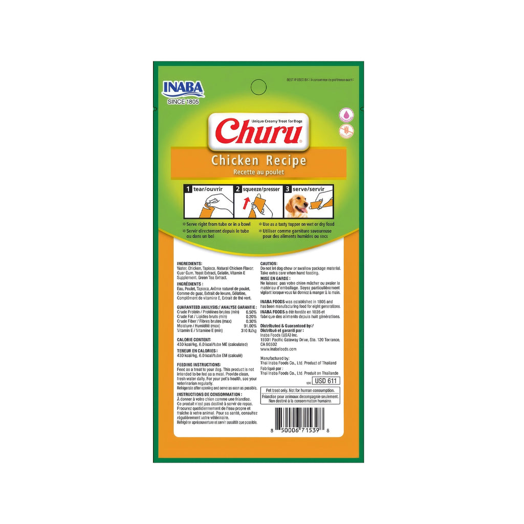Snack Churu Pollo para Perros en pack de 4 tubos, premio cremoso de pollo con textura suave e imágenes de distintas razas.