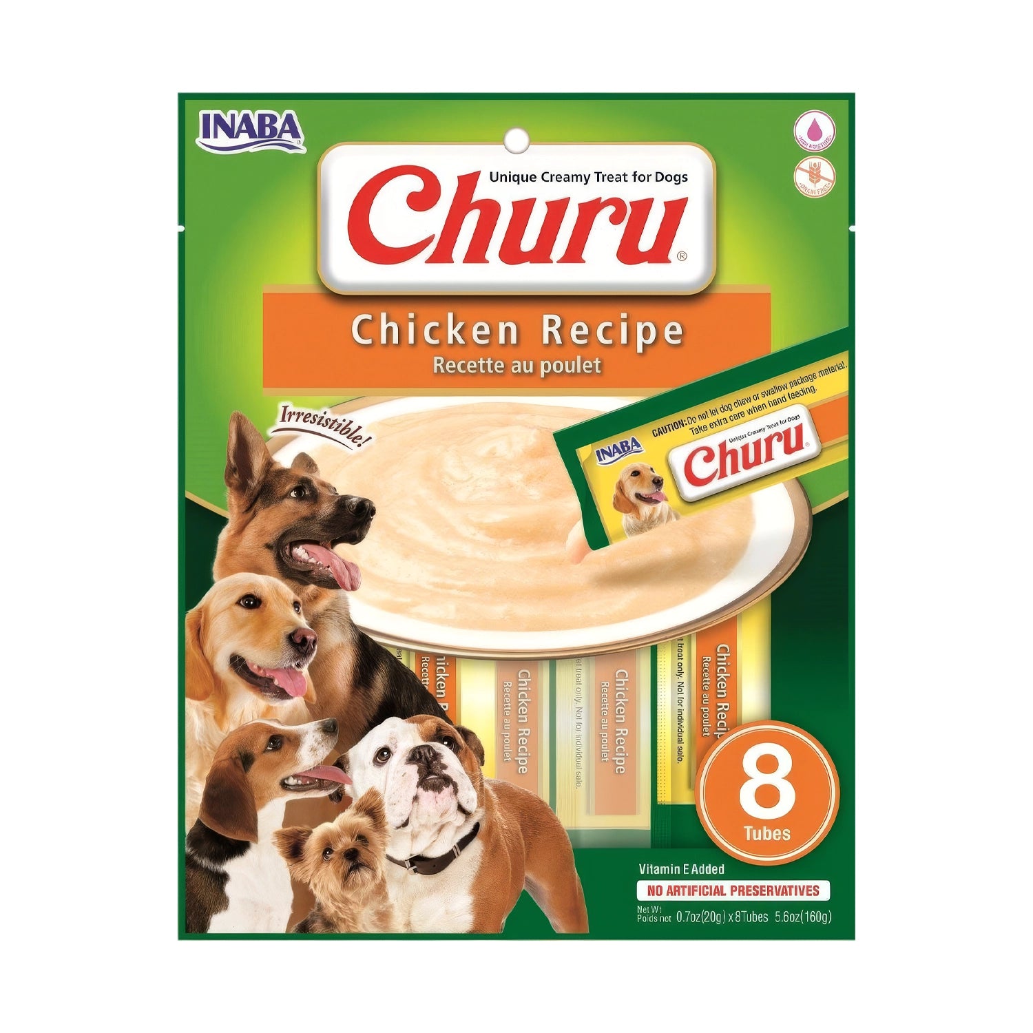 Snack Churu Pollo para Perros en pack de 8 tubos, premio cremoso de pollo con textura suave e imágenes de distintas razas.